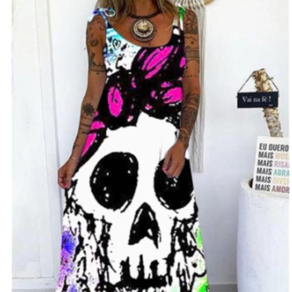 Dresses & Skirts - Tie String Colorful Skull Maxi Dress